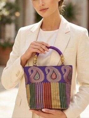 Ethnic Handmade Banarasi Silk Saree Striped & Paisley Bucket Handbag